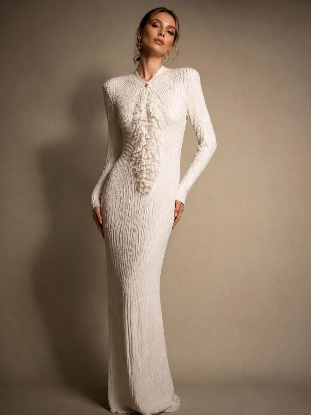 Vintage Cream Textured Long Sleeve Maxi Dress with Ruffle Front, Size 18/20